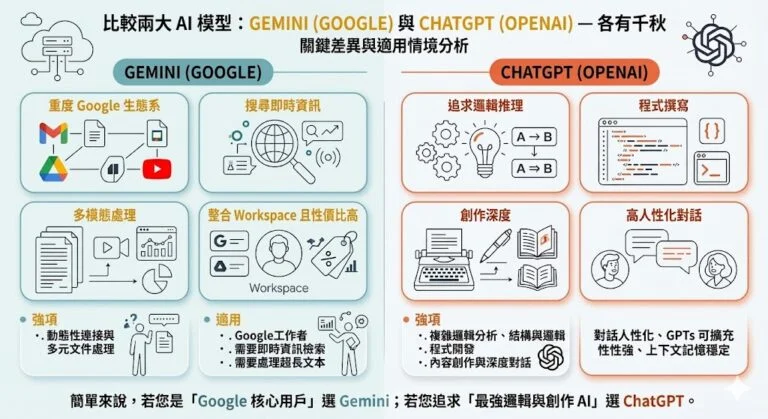2026 年兩大 AI 模型應用場景與關鍵優勢比較：Gemini vs. ChatGPT。